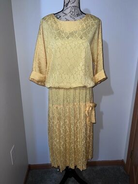 Vintage Starlo Fashions Yellow Textured Jacquard Drop Waist Midi Dress Sz 13/14